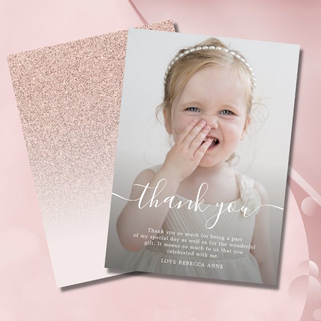 Thank You birthday photo rose gold glitter ombre (Photo Thank You Card)