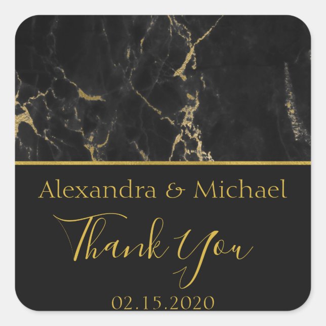 Thank You Black and Gold Elegant Marble Square Sticker (Front)