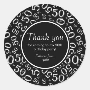Thank You: Black and White 50th Birthday Party Classic Round Sticker