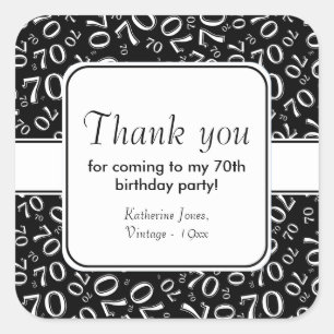 Thank You: Black and  White 70th Birthday Party Square Sticker