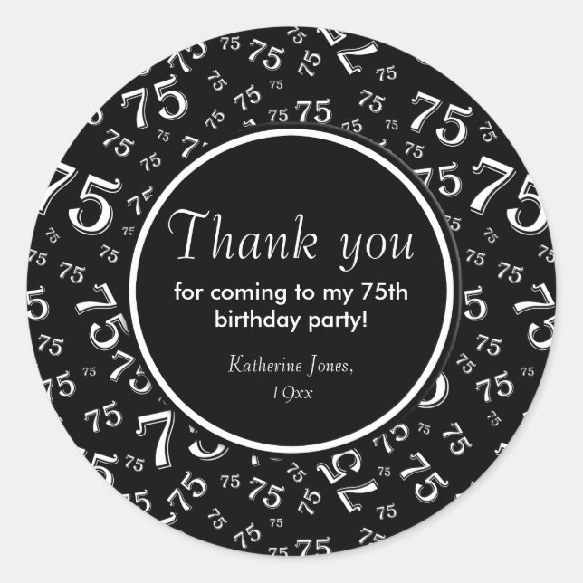 Thank You: Black and White 75th Number Collage Classic Round Sticker (Front)