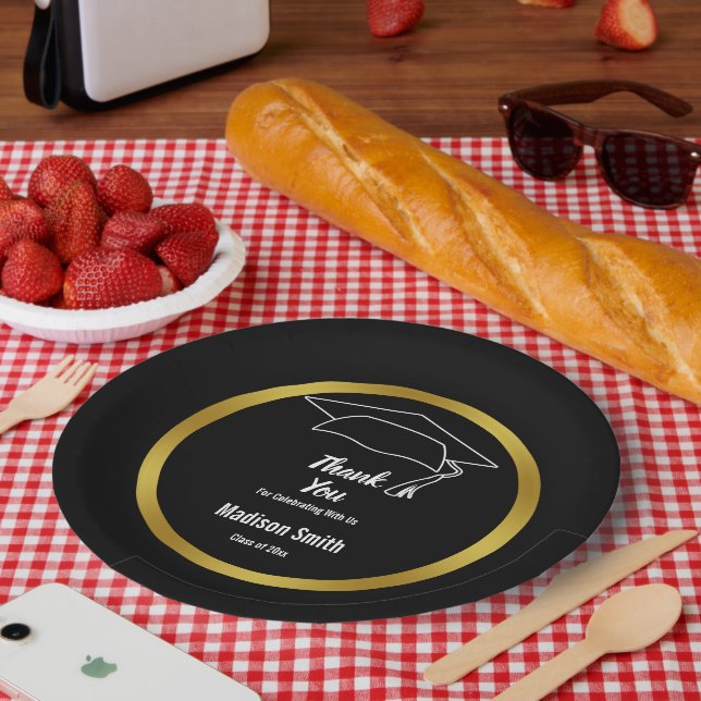 Thank You Black and White Graduation Grad's Name Paper Plate (Picnic)