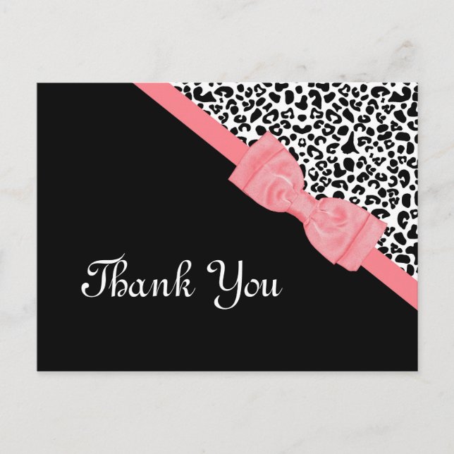 Thank You Black and White Leopard Pink Ribbon Postcard (Front)