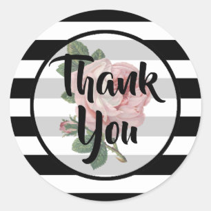Thank You Black and White Pink Vintage Rose Classic Round Sticker