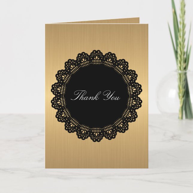 Thank You Black Circle Lace Golden Monogram Card (Front)