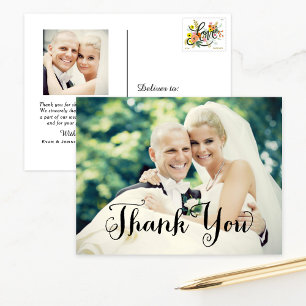 Thank You Black Handwritten Script Wedding Photo Postcard
