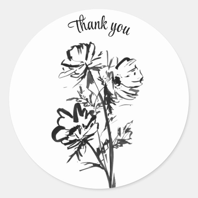 Thank you black ink line drawing foliage flowers  classic round sticker (Front)