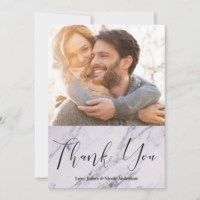 Thank You Black Modern Script Marble Photo Picture Card (Front)