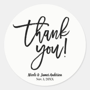 THANK YOU Black Modern Script Wedding Favour Classic Round Sticker