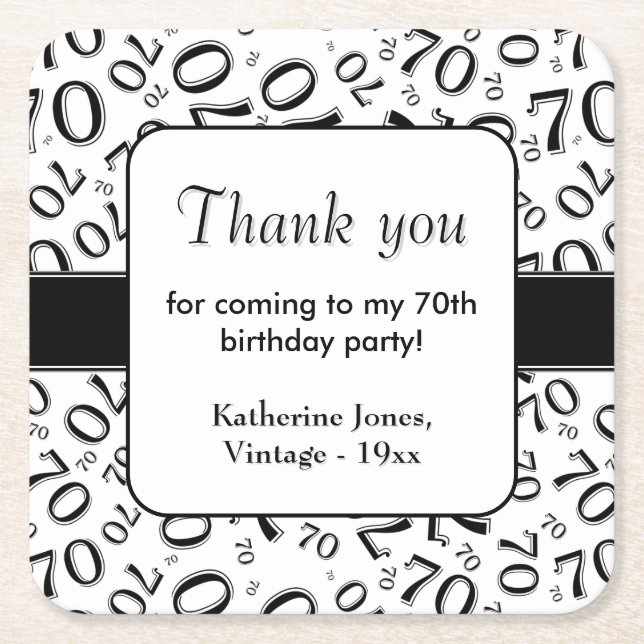 Thank You: Black/White 70th Random Number Pattern Square Paper Coaster (Front)