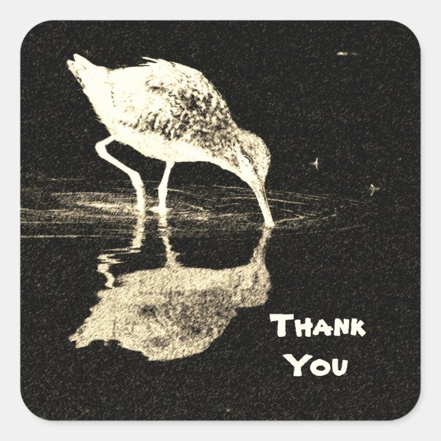 Thank You Black White Beach Bird with Reflection Square Sticker (Front)