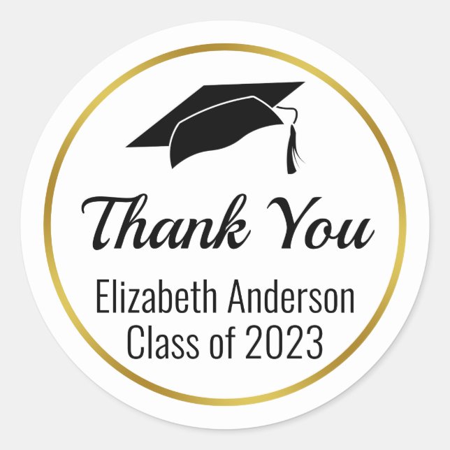 Thank You Black White Gold Class of 2023 Graduate Classic Round Sticker (Front)