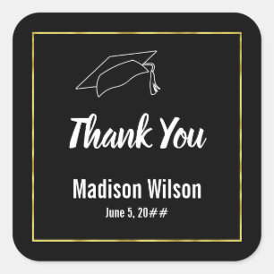 Thank You Black White Gold Grad's Name Graduation Square Sticker