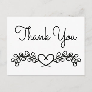 Thank You Black & White Laurel Heart Wedding Postcard
