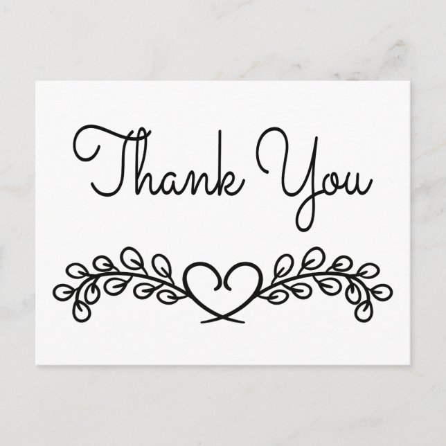Thank You Black & White Laurel Heart Wedding Postcard (Front)