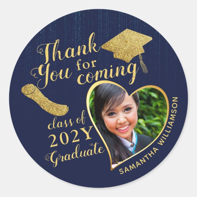 Thank You Blue and Gold 2026 Graduation Favour Classic Round Sticker (Front)