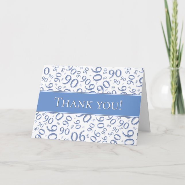 "Thank you!" Blue and White Number 90 Pattern Thank You Card (Front)