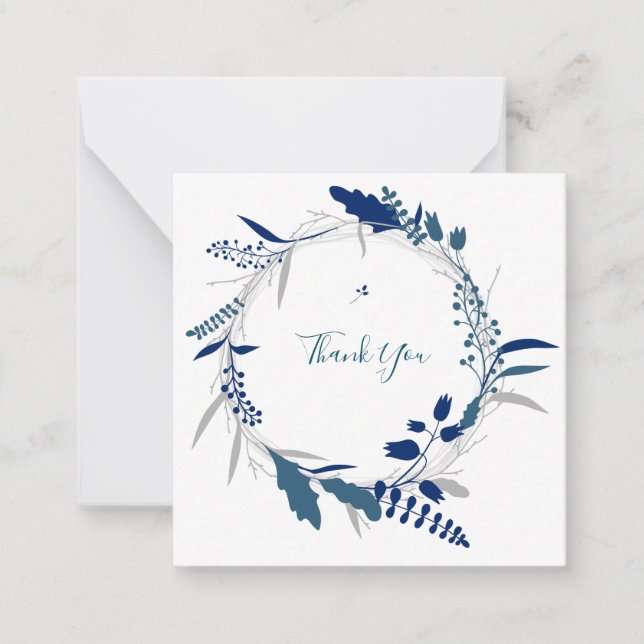 Thank you Blue Floral Modern Flat Note Card (Front)