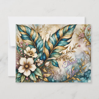 THANK YOU! Blue Green leaves, Pink floral on Gold