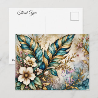 THANK YOU! Blue Green leaves, Pink floral on Gold Postcard