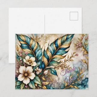 THANK YOU! Blue Green leaves, Pink floral on Gold Postcard