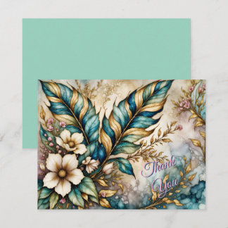 THANK YOU! Blue Green leaves, Pink floral on Gold You Card