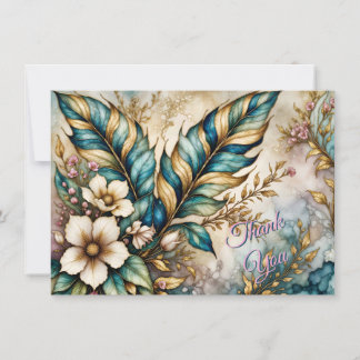 THANK YOU! Blue Green leaves, Pink floral on Gold You Card