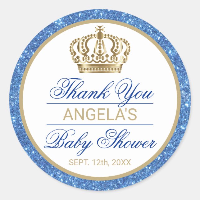 Thank You Blue Prince Gold Crown Baby Shower Classic Round Sticker (Front)