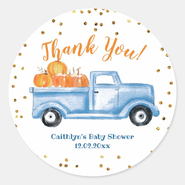 Thank you blue pumpkin truck favour sticker (Front)