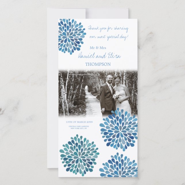 Thank You Blue Watercolor Dahlias Wedding Card (Front)