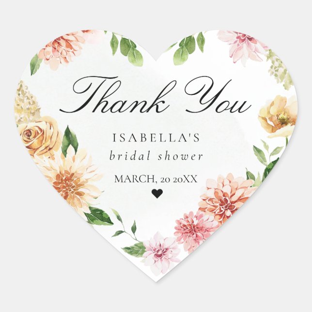Thank You Blush Floral Romantic Bridal Shower Heart Sticker (Front)