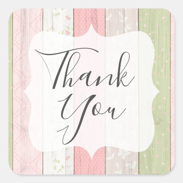 Thank You Blush Pink Floral Sage Green Shabby Chic Square Sticker (Front)