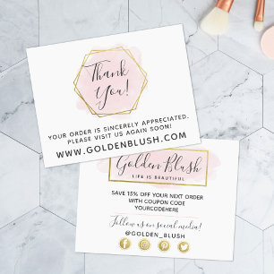 Thank You Blush Pink Watercolor & Modern Gold Geo Postcard
