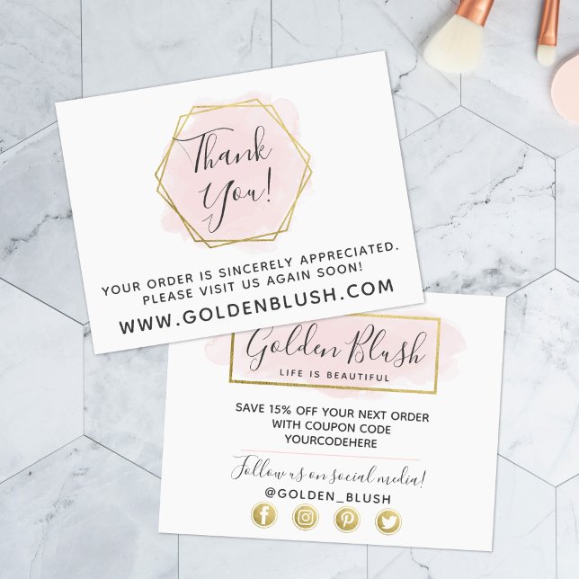 Thank You Blush Pink Watercolor & Modern Gold Geo Postcard (Creator Uploaded)