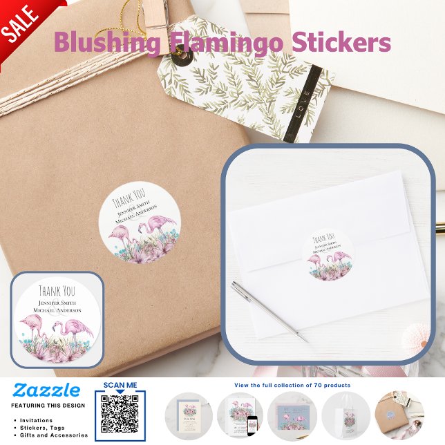 THANK YOU Blushing Flamingo Tropical Beach Wedding Classic Round Sticker (Creator Uploaded)