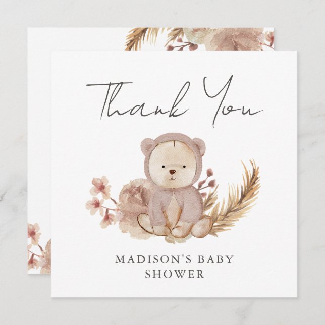 Thank You Boho Botanical Sweet Bear Baby Shower Card (Front/Back)