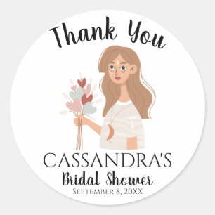 Thank you boho calm woman bouquet hearts classic round sticker