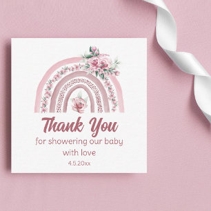 thank you boho pink flowers rainbow baby shower card