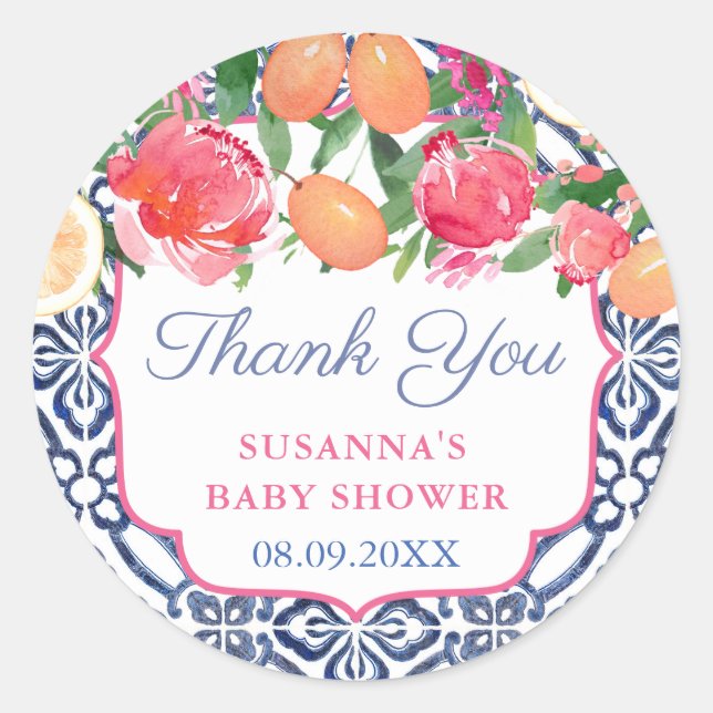 Thank You Bold Florals Citrus Shower Favour Classic Round Sticker (Front)