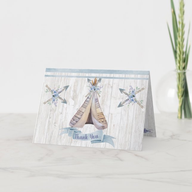 Thank You | Boy Baby Blue Shower Boho Chic Teepee Card (Front)