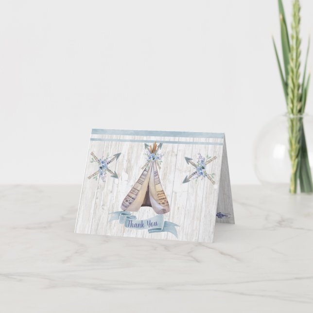 Thank You | Boy Baby Blue Shower Boho Chic Teepee Note Card (Front)