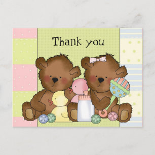 Thank you boy girl twin bears postcard