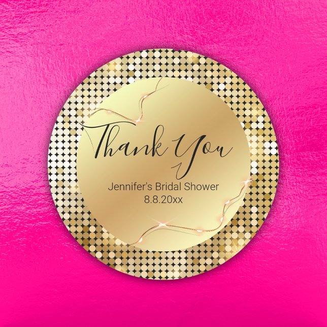 thank you bridal shower gold lights disco retro  classic round sticker (Creator Uploaded)