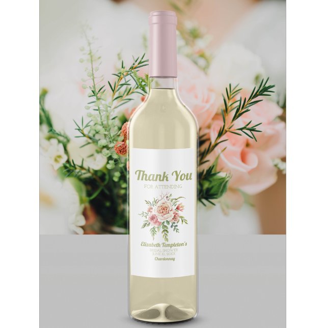 Thank You Bridal Shower Pink Floral Rose Wedding Wine Label (Creator Uploaded)