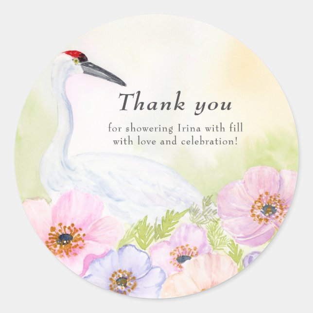Thank You Bridal Shower Whooping Crane Anemones  Classic Round Sticker (Front)