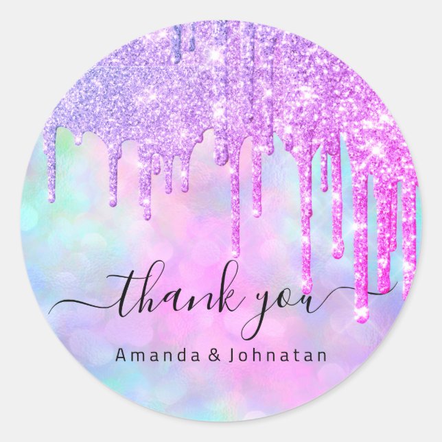 Thank You Bridal Sweet16th Glitter Holograph Drip Classic Round Sticker (Front)