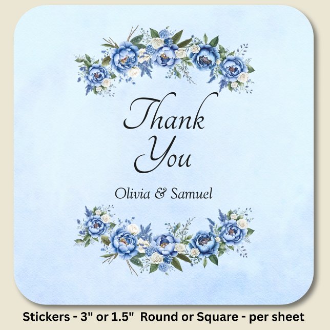 Thank You & Bride & Groom Names Blue Peony  Square Sticker (Creator Uploaded)