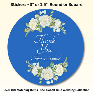 Thank You Bride, Groom Names Cobalt Blue & White  Classic Round Sticker