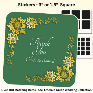 Thank You Bride, Groom Names Emerald Green & Gold Square Sticker