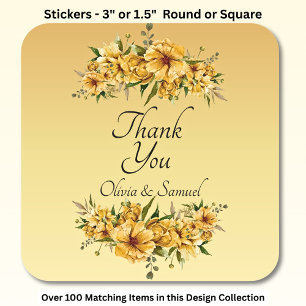 Thank You Bride, Groom Names Golden Yellow Flowers Square Sticker